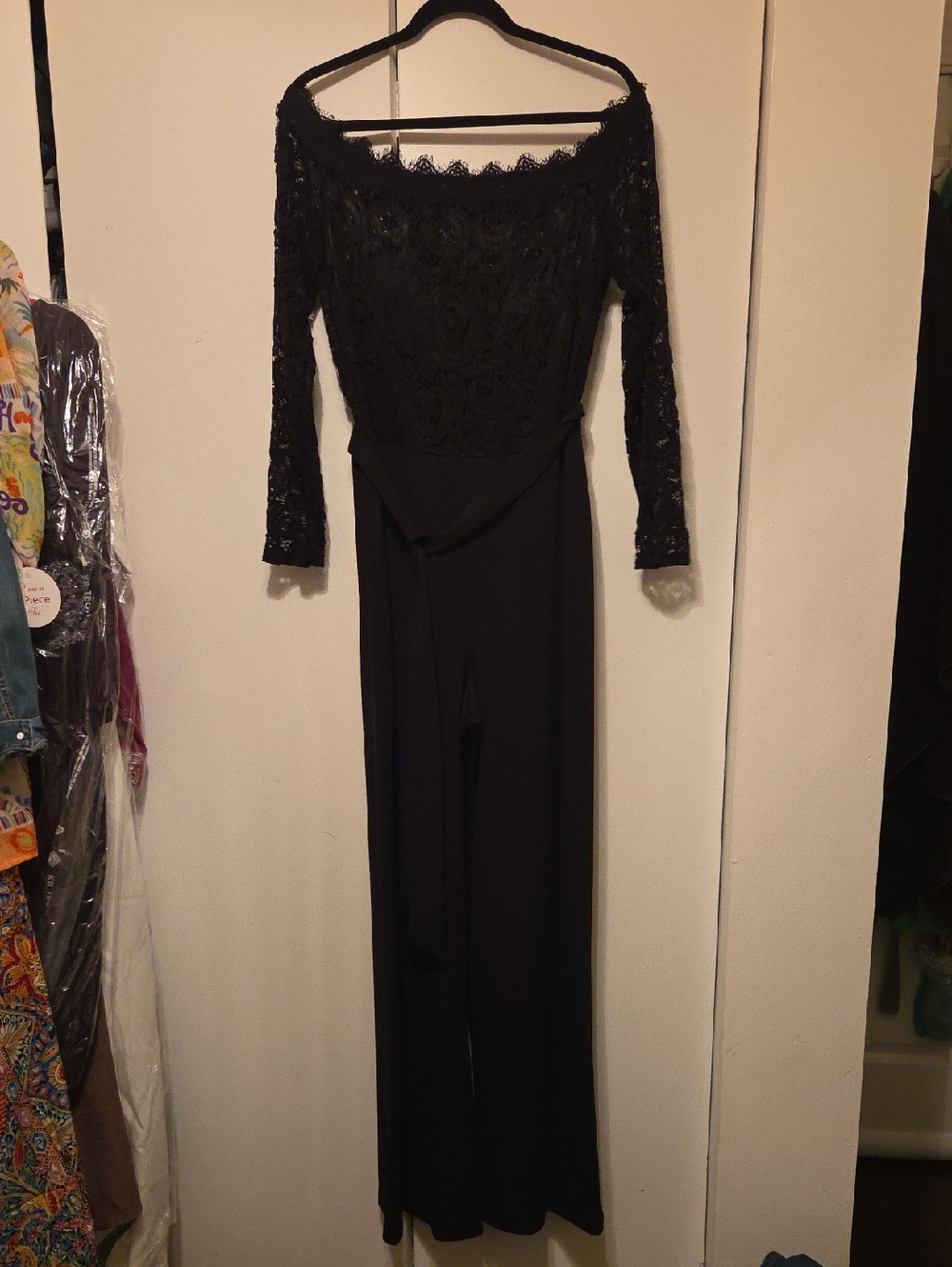 Black Off-Shoulder Lace Bodice Wide-Leg Jumpsuit